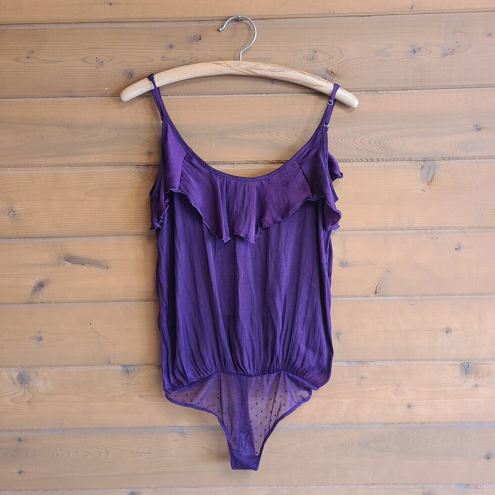 Free People Not Tired Bodysuit Top Satin Ruffled Tank Blouse Small Plum Purple - Picture 2 of 6
